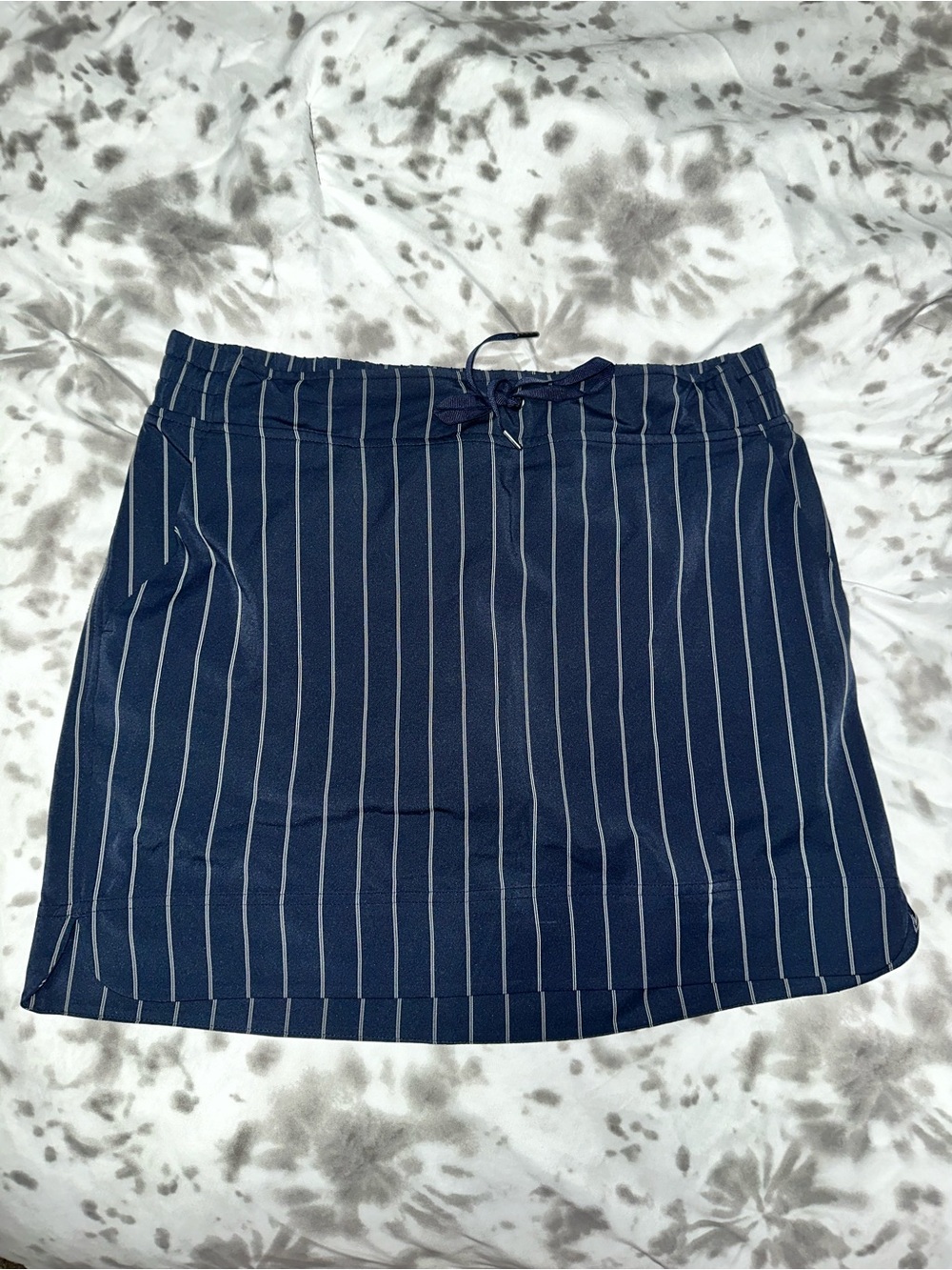 Athleta Navy Blue Pinstripe Drawstring Mini Skirt